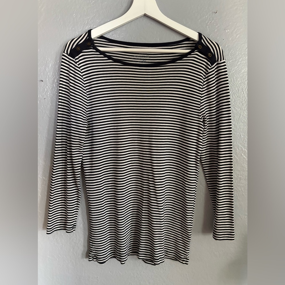 J Crew Blue Perfect Fit Stripe Long Sleeve Cotton Top boat neck Size‎ large.